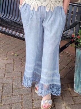 Light Blue Lace Trim Wide Leg Pants